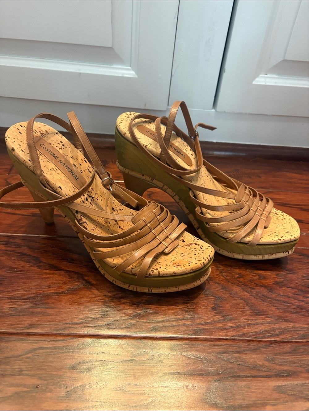 CNC Costume National Tan Strappy Cork Platform Wedges